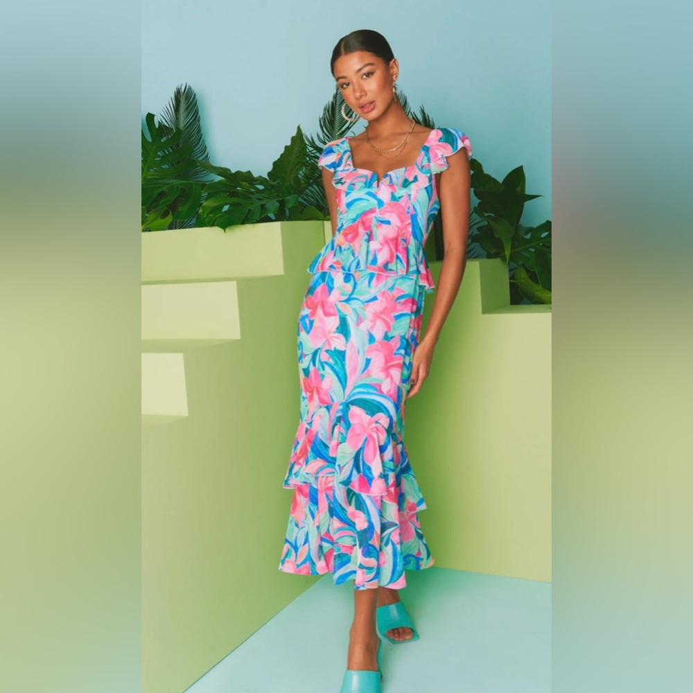 Show Me Your MuMu Floral Ruffle Dress - Pink and Blue